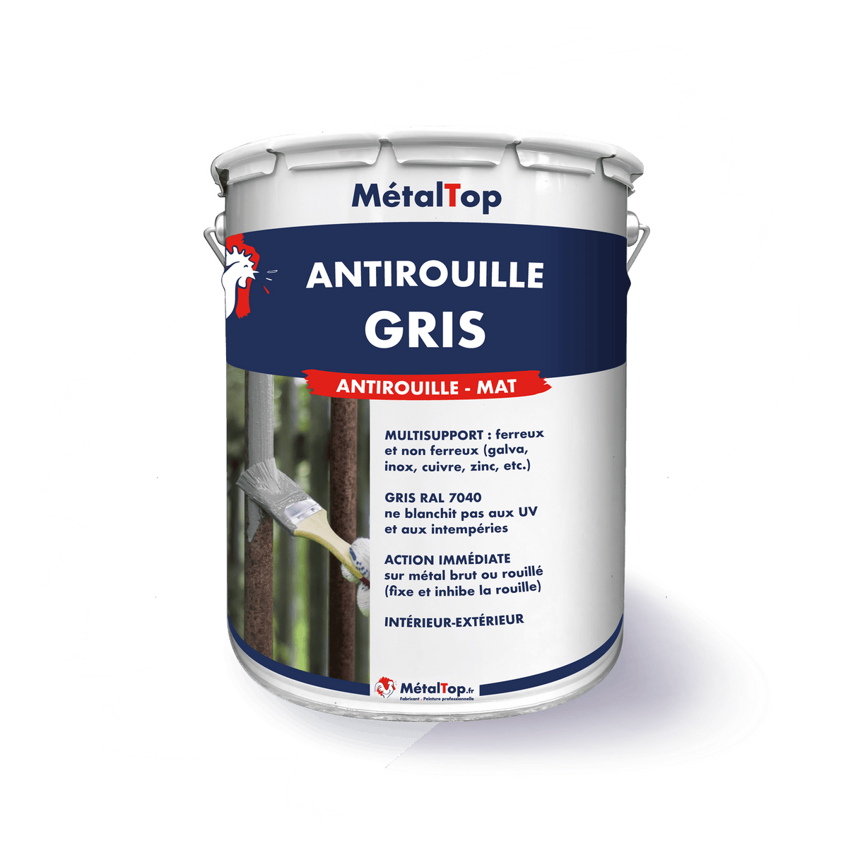 Pot de peinture antirouille gris mat MétalTop, appliquée au pinceau sur des barreaux rouillés