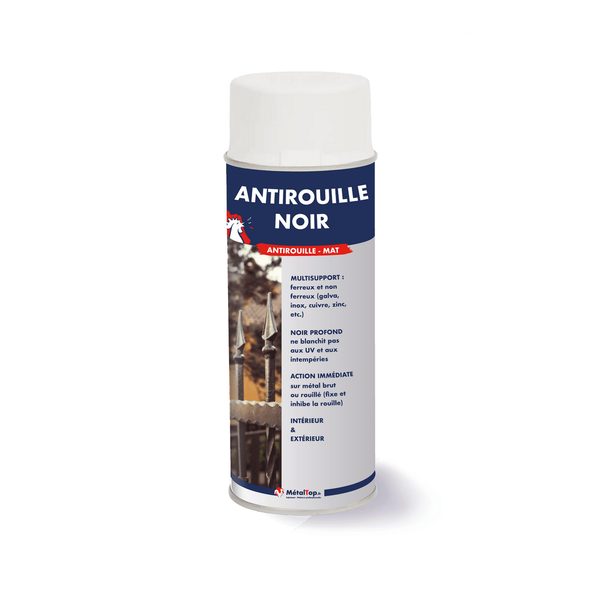 Bombe aérosol Antirouille Noir mat MétalTop devant une grille en fer forgé