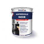 Pot de peinture antirouille noir mat MétalTop, utilisé sur une grille en fer forgé