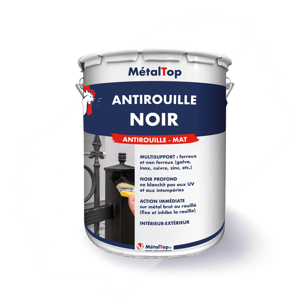 Pot de peinture antirouille noir mat MétalTop, utilisé sur une grille en fer forgé