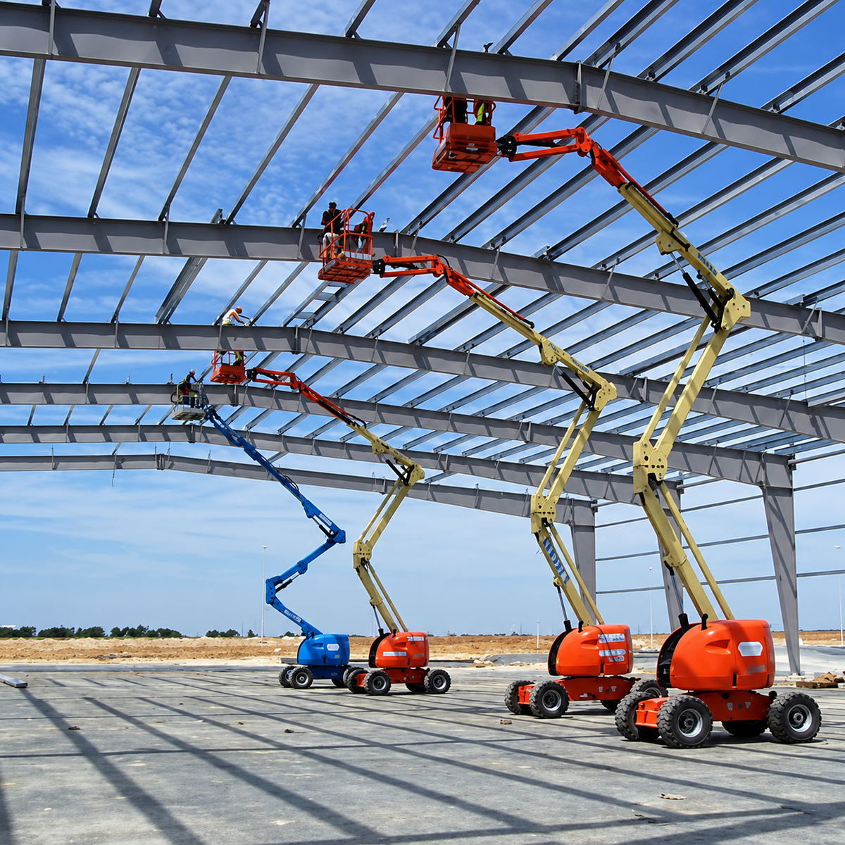 Charpente métallique en cours de travaux sous une toiture de hangar