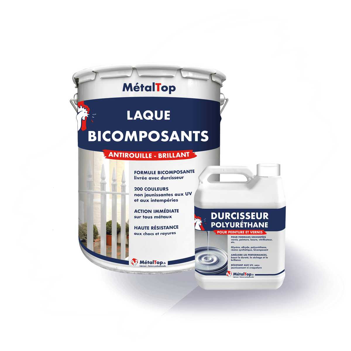 Pot de laque bicomposants antirouille brillant MétalTop blanc et son durcisseur polyuréthane