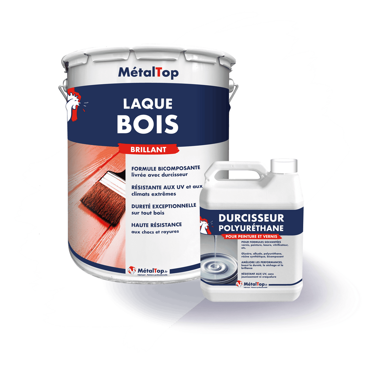 Pot de laque bois brillant MétalTop et flacon de durcisseur polyuréthane pour peinture et vernis