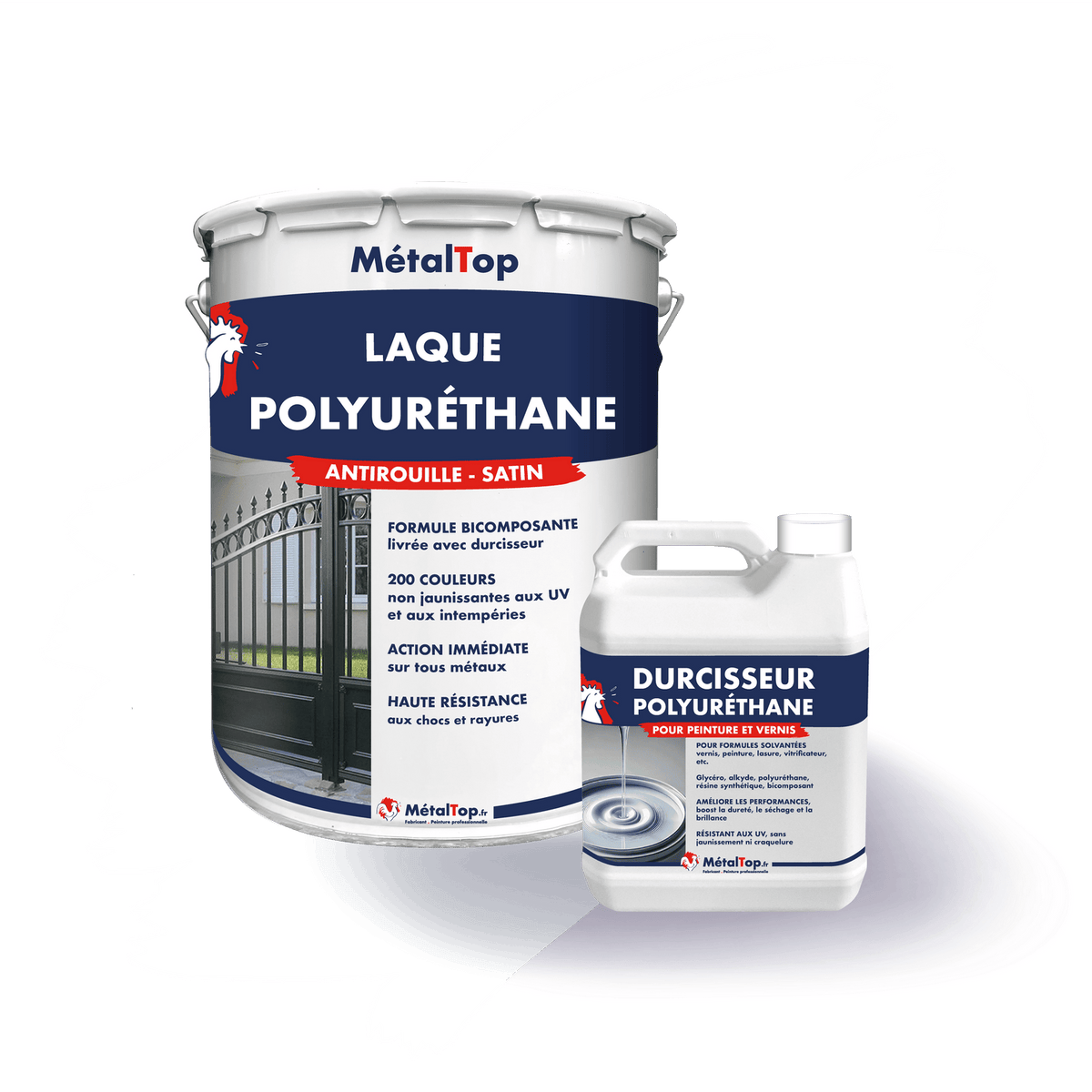 Pot de laque polyuréthane antirouille satin et bidon de durcisseur MétalTop