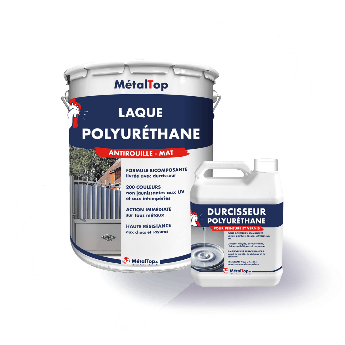 Pot de laque polyuréthane antirouille mat MetalTop et bidon de durcisseur polyuréthane