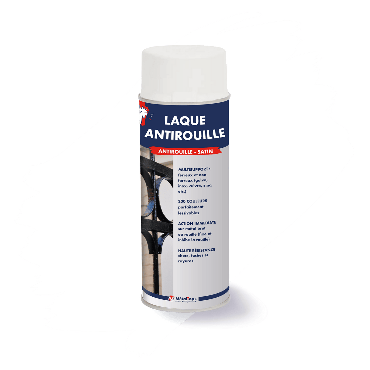 Aérosol de laque antirouille satin MétalTop sur fond blanc, grille en fer forgé noire sur l'étiquette
