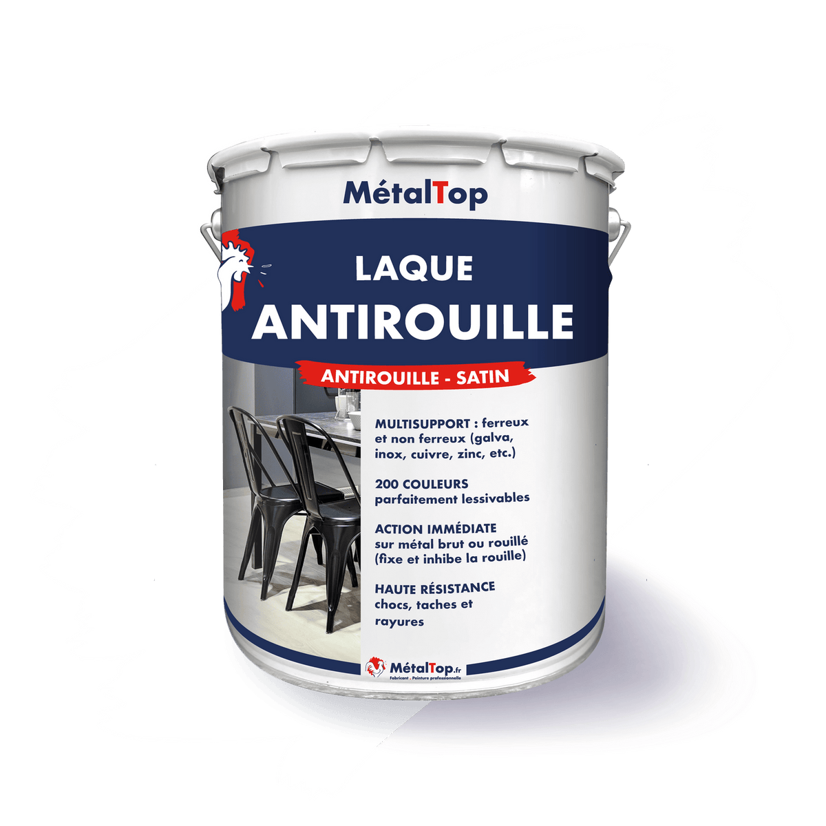 Pot de laque antirouille MétalTop finition satin, illustré par des chaises en métal noir