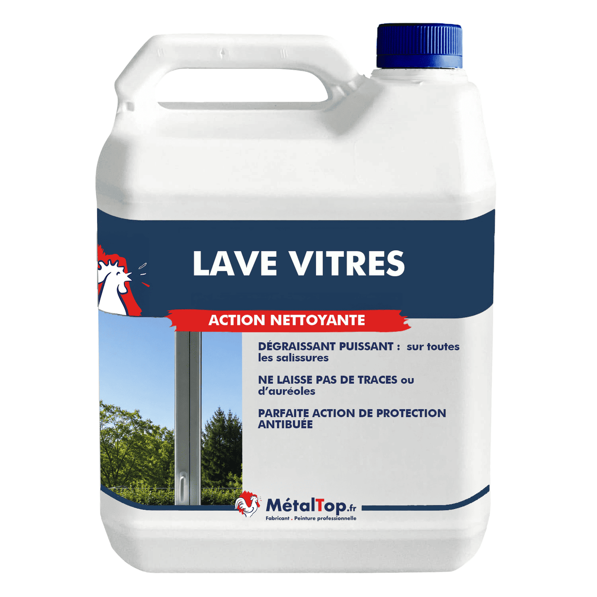 Bidon de nettoyant Lave Vitres MétalTop, dégraissant, avec bouchon bleu et étiquette bleue et rouge