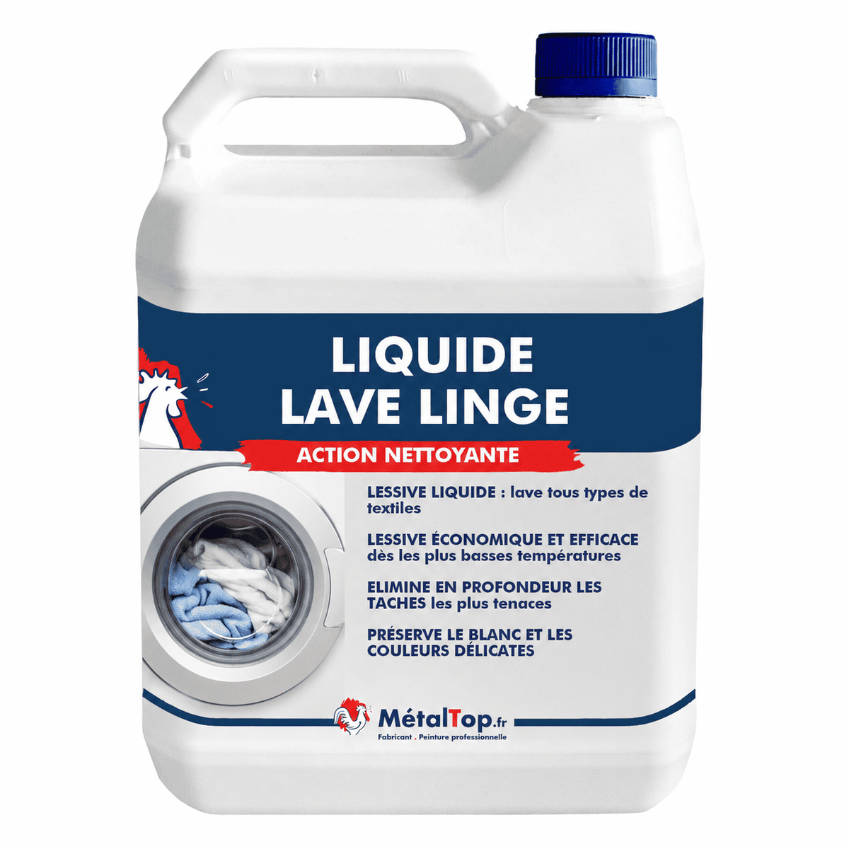 Bidon de liquide lave-linge MétalTop, action nettoyante, illustré d'un hublot de machine à laver