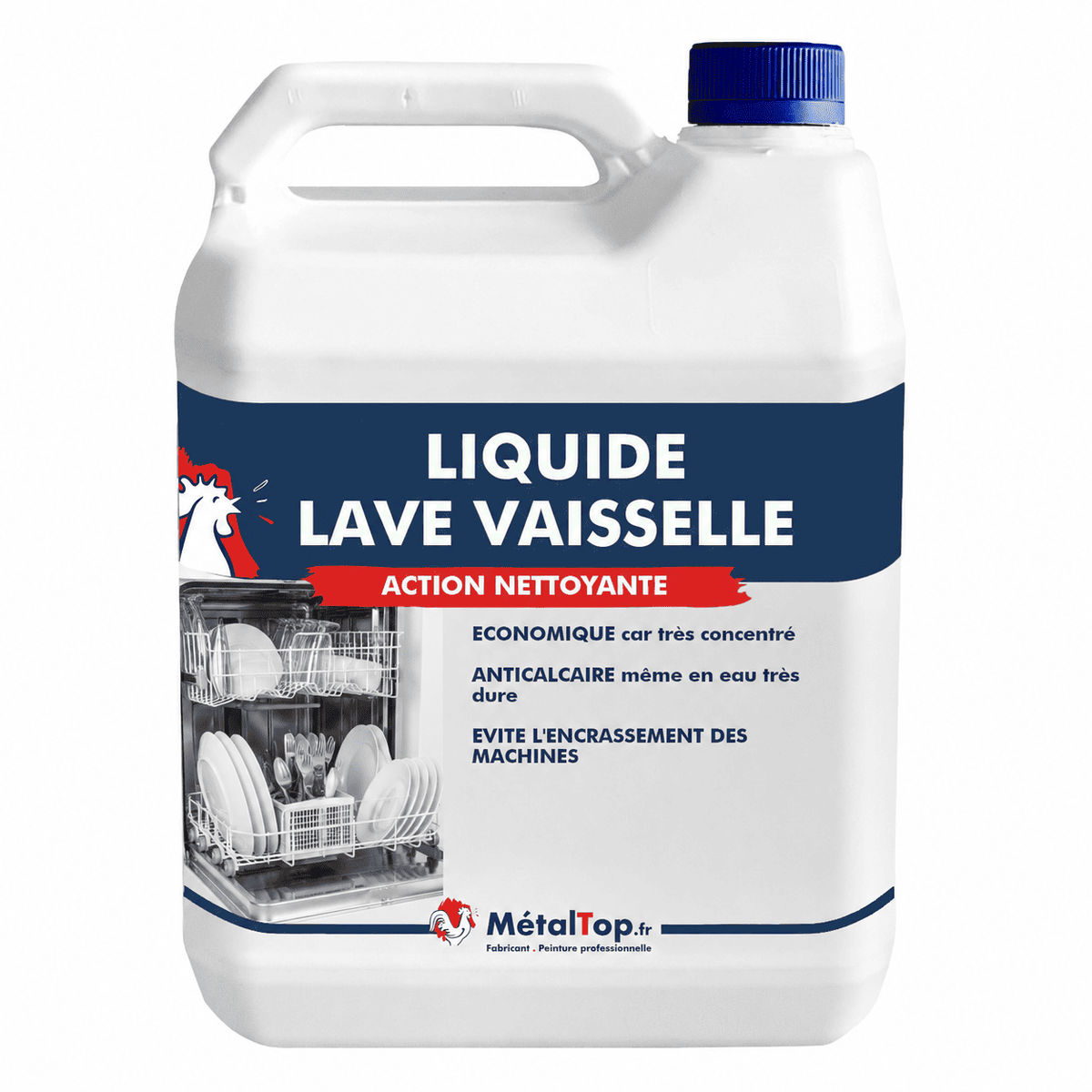 Bidon de liquide lave-vaisselle MétalTop, action nettoyante, devant un lave-vaisselle ouvert