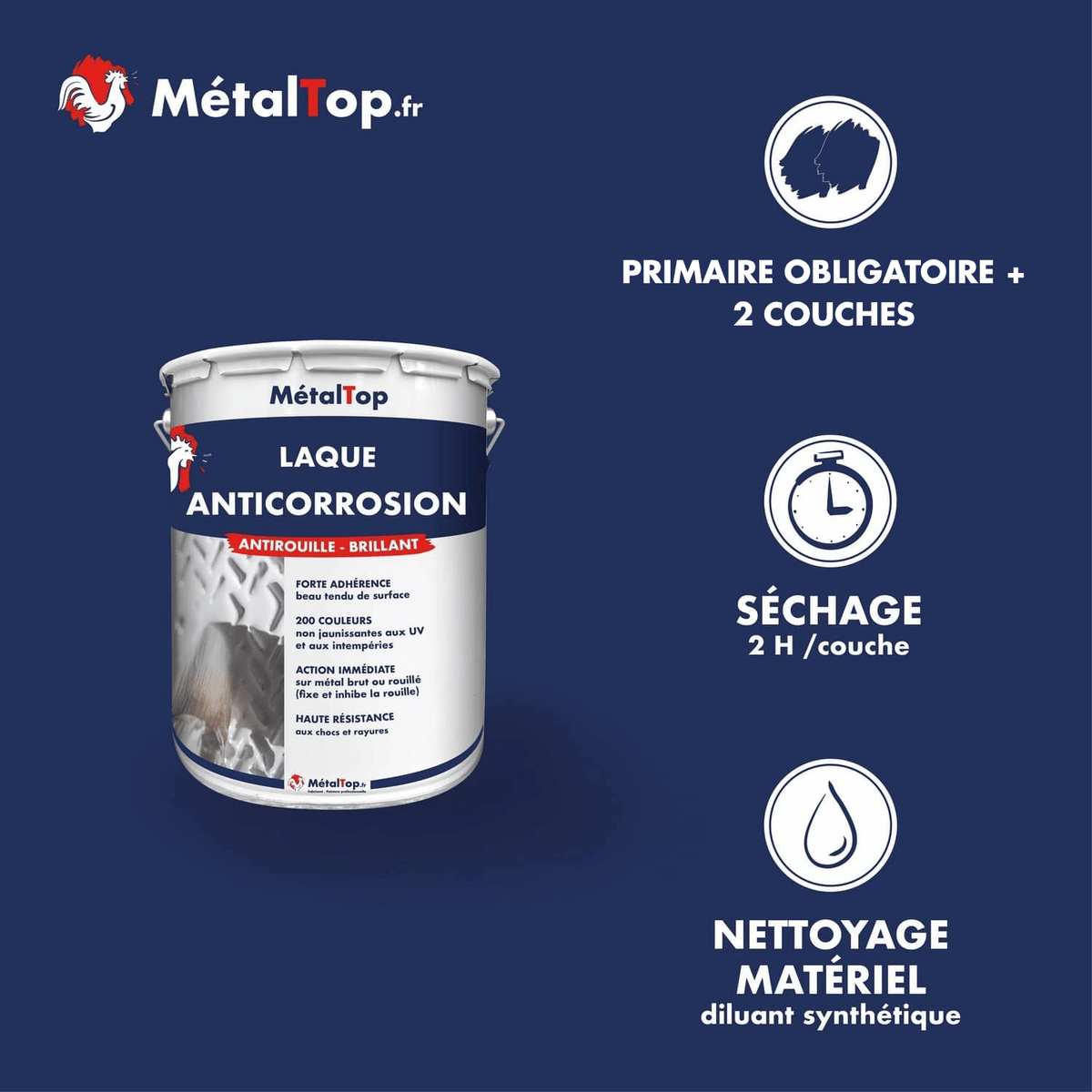 Présentation de la gamme Laque anticorrosion Métaltop avec conditionnement et conseils d’application