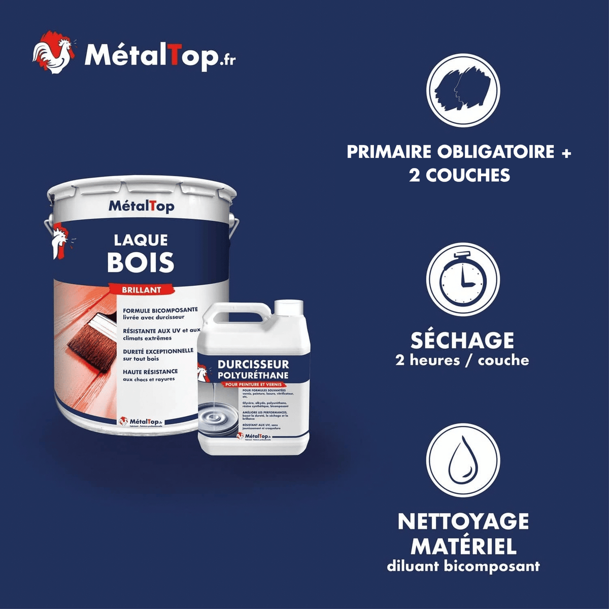 Présentation de la gamme Laque bois Métaltop avec conditionnement et conseils d’application