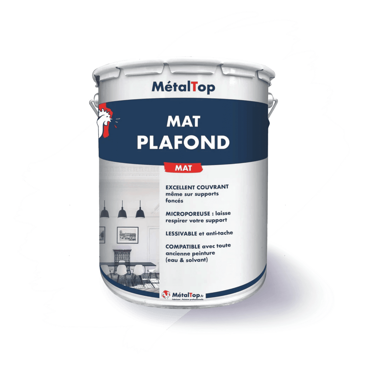 Pot de peinture blanc MétalTop Mat Plafond, finition mate, étiquette bleu marine