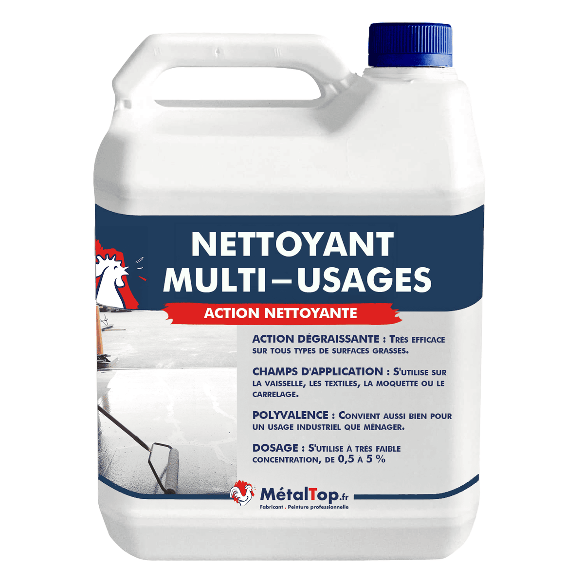 Bidon blanc de Nettoyant multi-usages MétalTop, action nettoyante et dégraissante, étiquette bleue et rouge