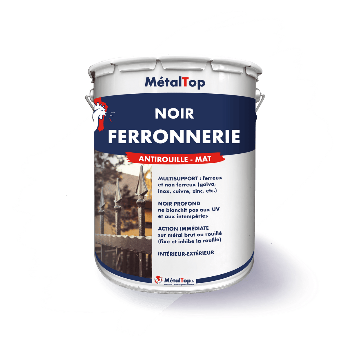 Pot de peinture MétalTop Noir Ferronnerie antirouille mat, avec grille en fer forgé