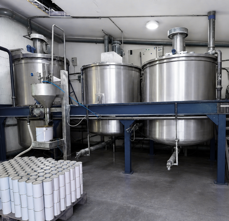 Cuves en inox et bidons blancs empilés dans un atelier de production industriel