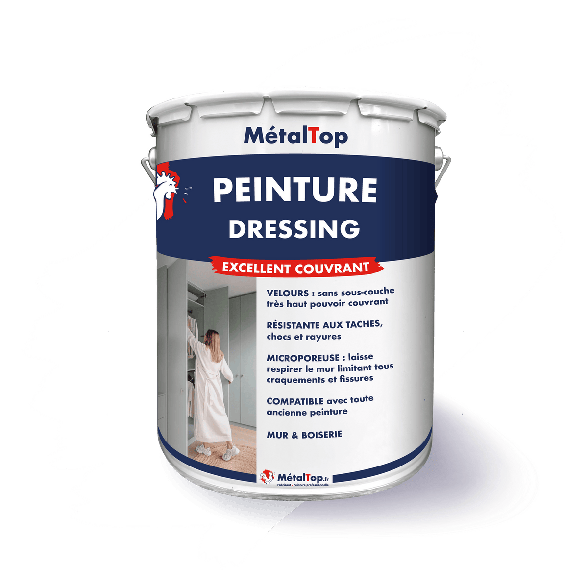 Pot de peinture dressing MétalTop blanc, excellent couvrant, avec visuel d'un dressing