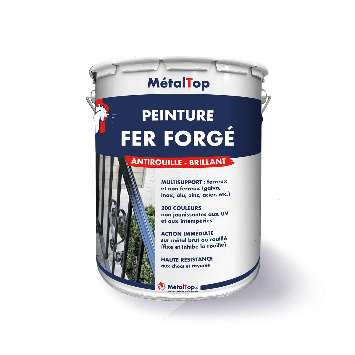 Pot de peinture MétalTop fer forgé antirouille brillant, devant une rampe en fer forgé noir