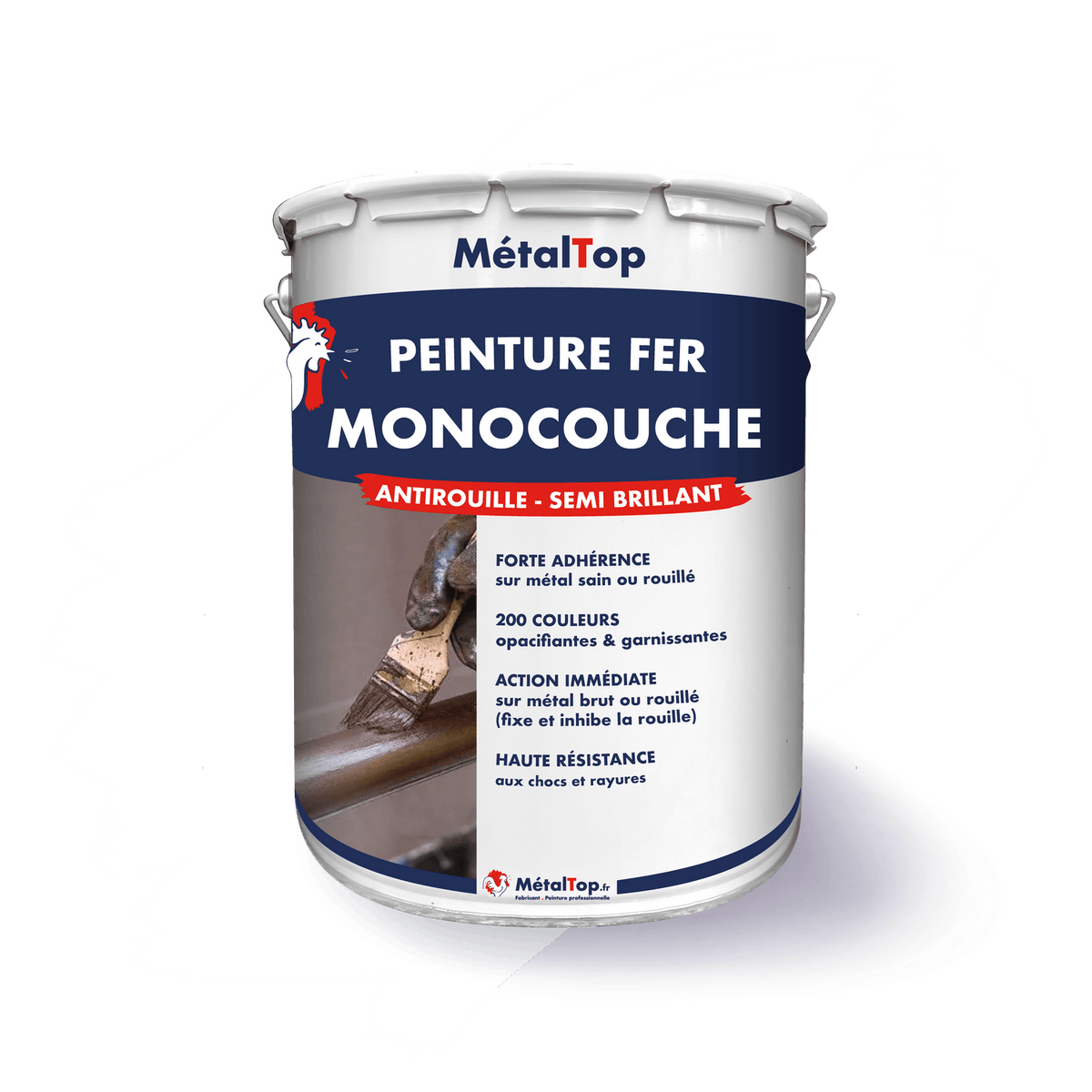 Pot de peinture fer monocouche antirouille MétalTop semi brillant, application au pinceau sur métal
