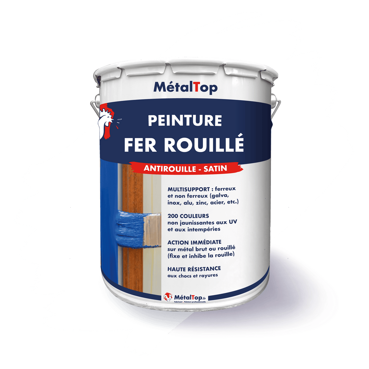 Pot de peinture antirouille satin MétalTop Fer Rouillé, illustré d'un pinceau bleu