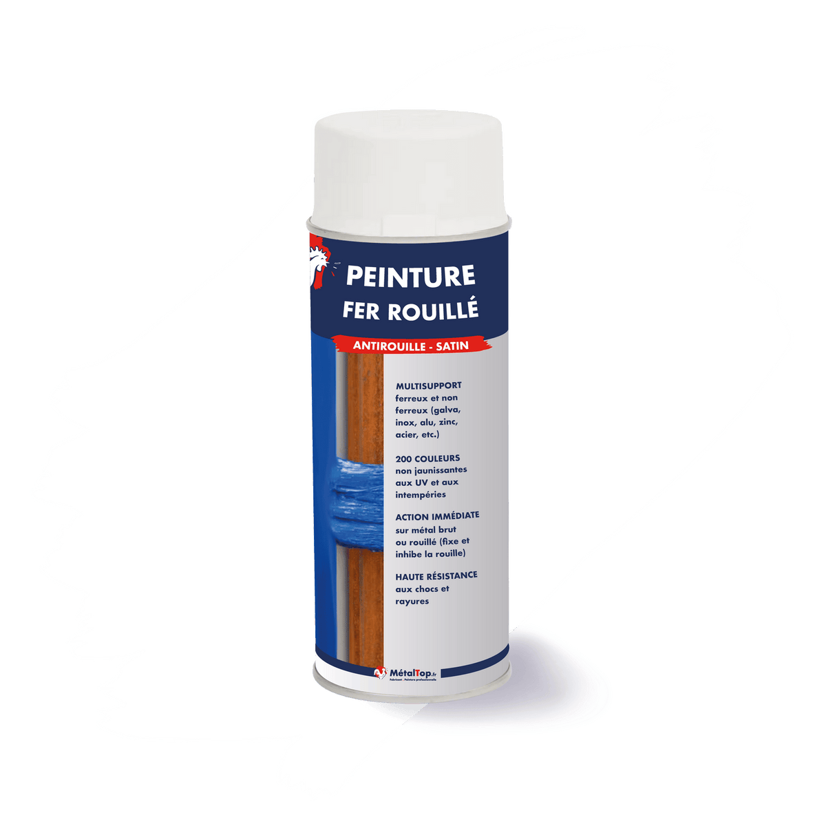 Bombe de peinture antirouille satin MétalTop, fer rouillé, sur fond de métal rouillé