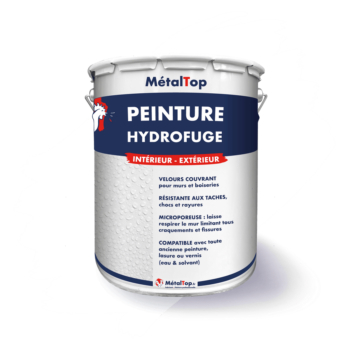 Pot de peinture hydrofuge MétalTop blanc, intérieur-extérieur, finition velours couvrant