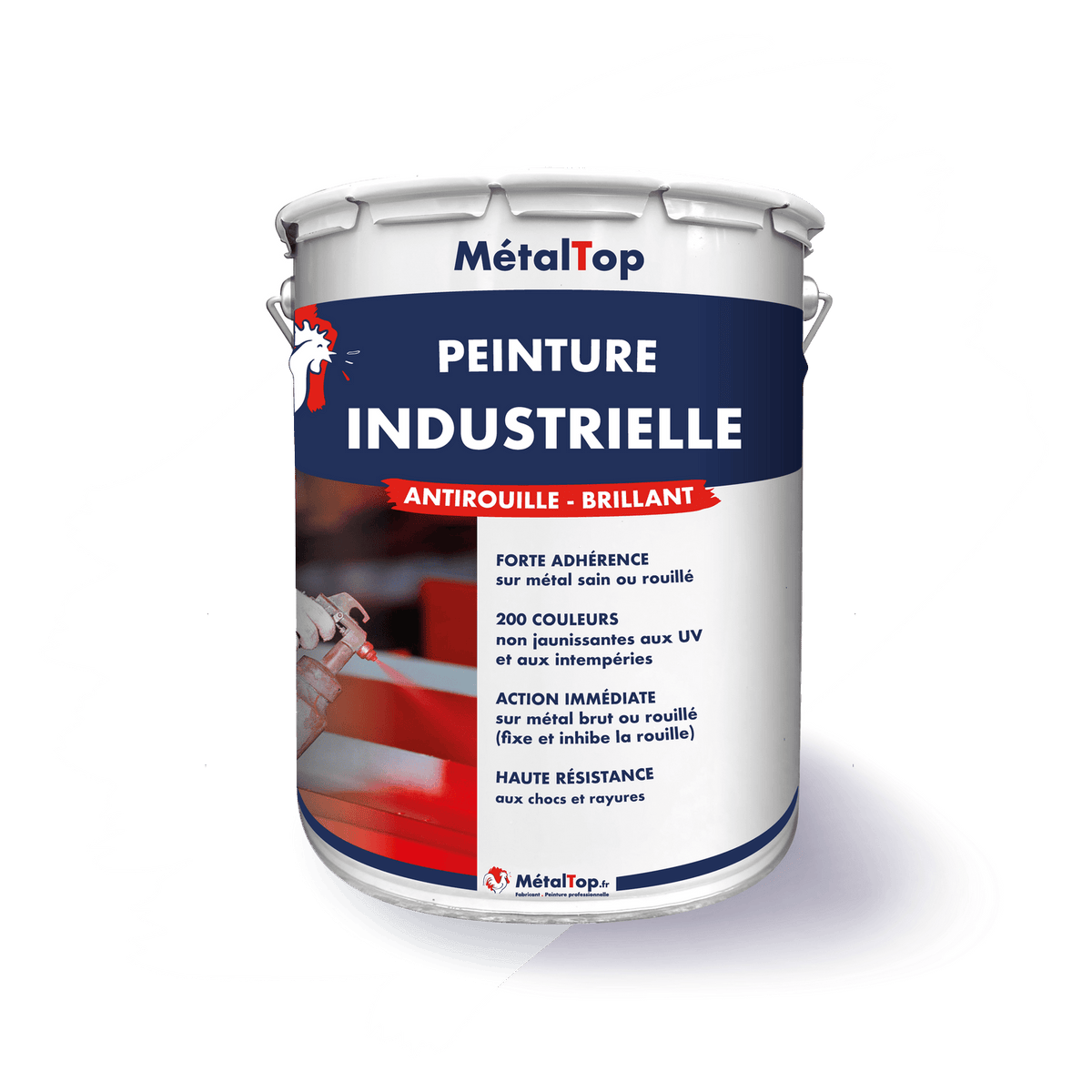 Pot de peinture industrielle MétalTop antirouille brillant, application au pistolet sur métal