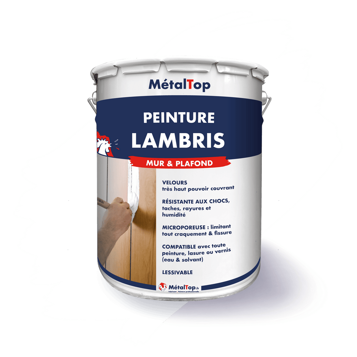 Pot de peinture MétalTop Lambris mur et plafond, finition velours blanche sur lambris en bois