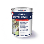 Pot de peinture métal rouillé MétalTop, application au pinceau sur une ferronnerie rouillée