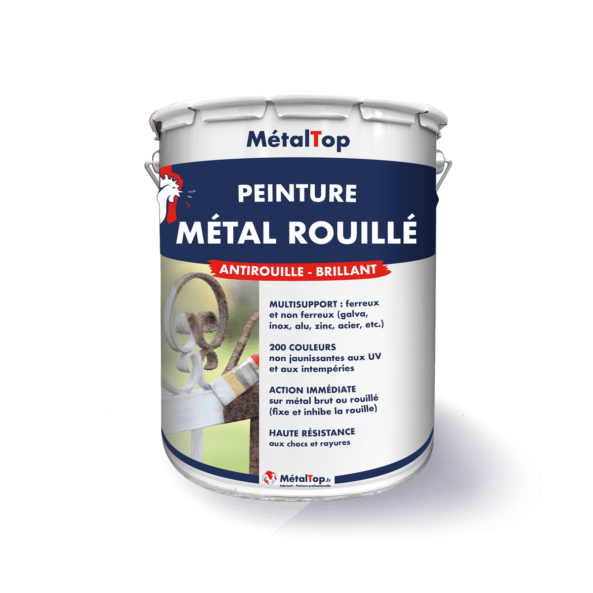 Pot de peinture métal rouillé MétalTop, application au pinceau sur une ferronnerie rouillée