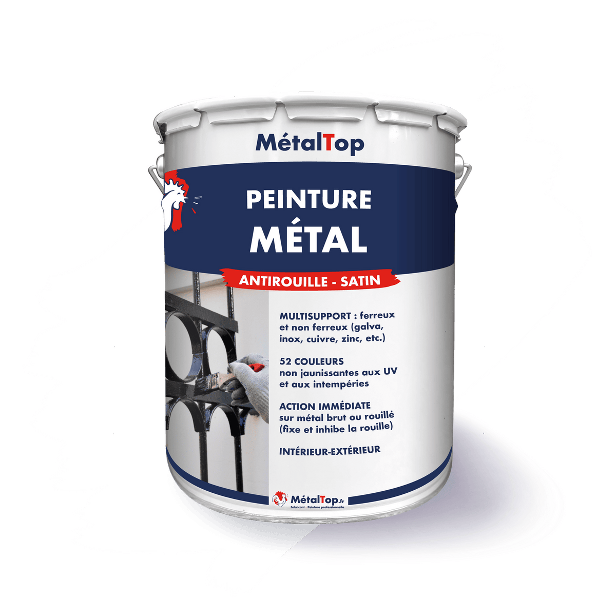 Pot de peinture métal antirouille satin MétalTop, appliquée sur une grille en fer forgé