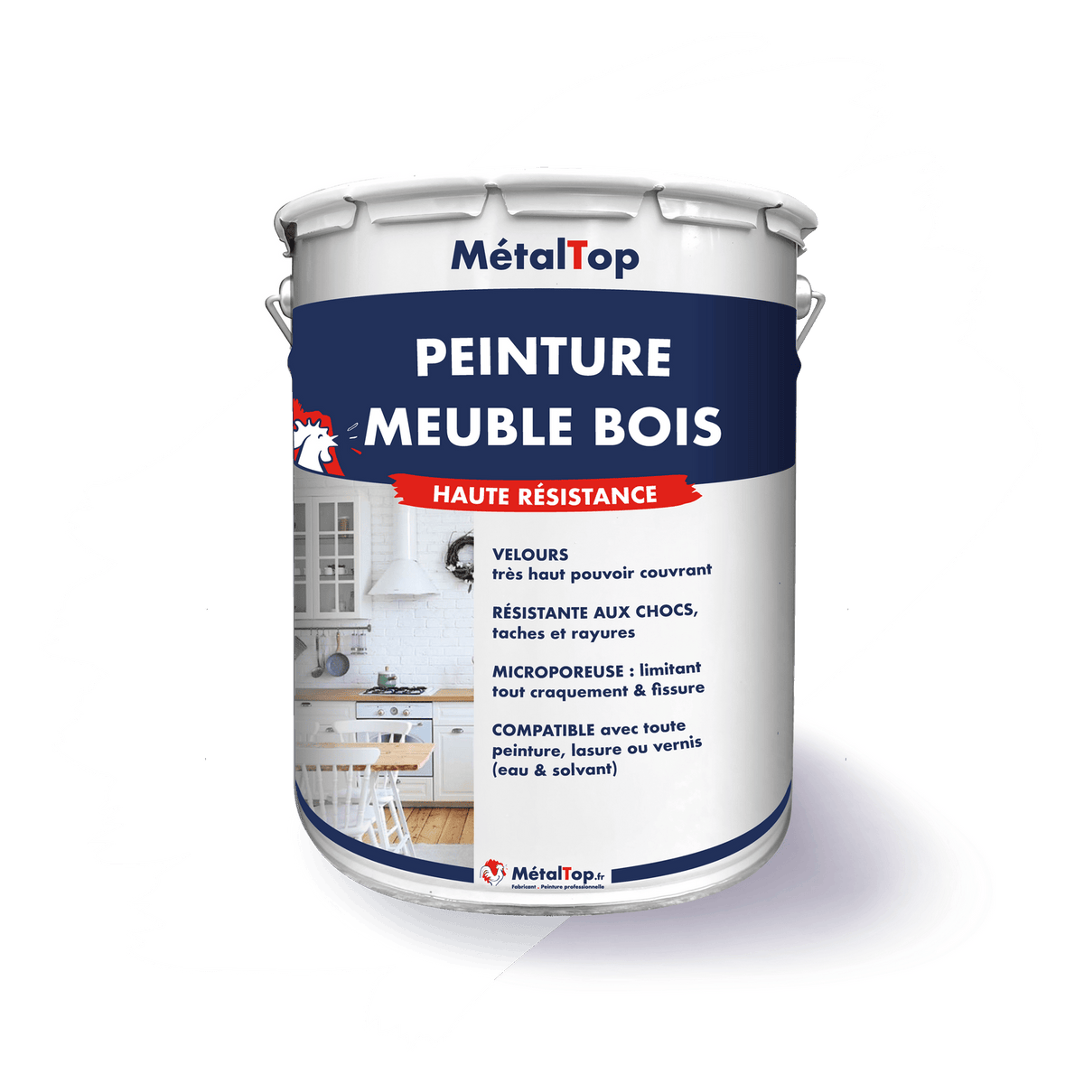 Pot de peinture MétalTop pour meuble bois haute résistance, finition velours blanc