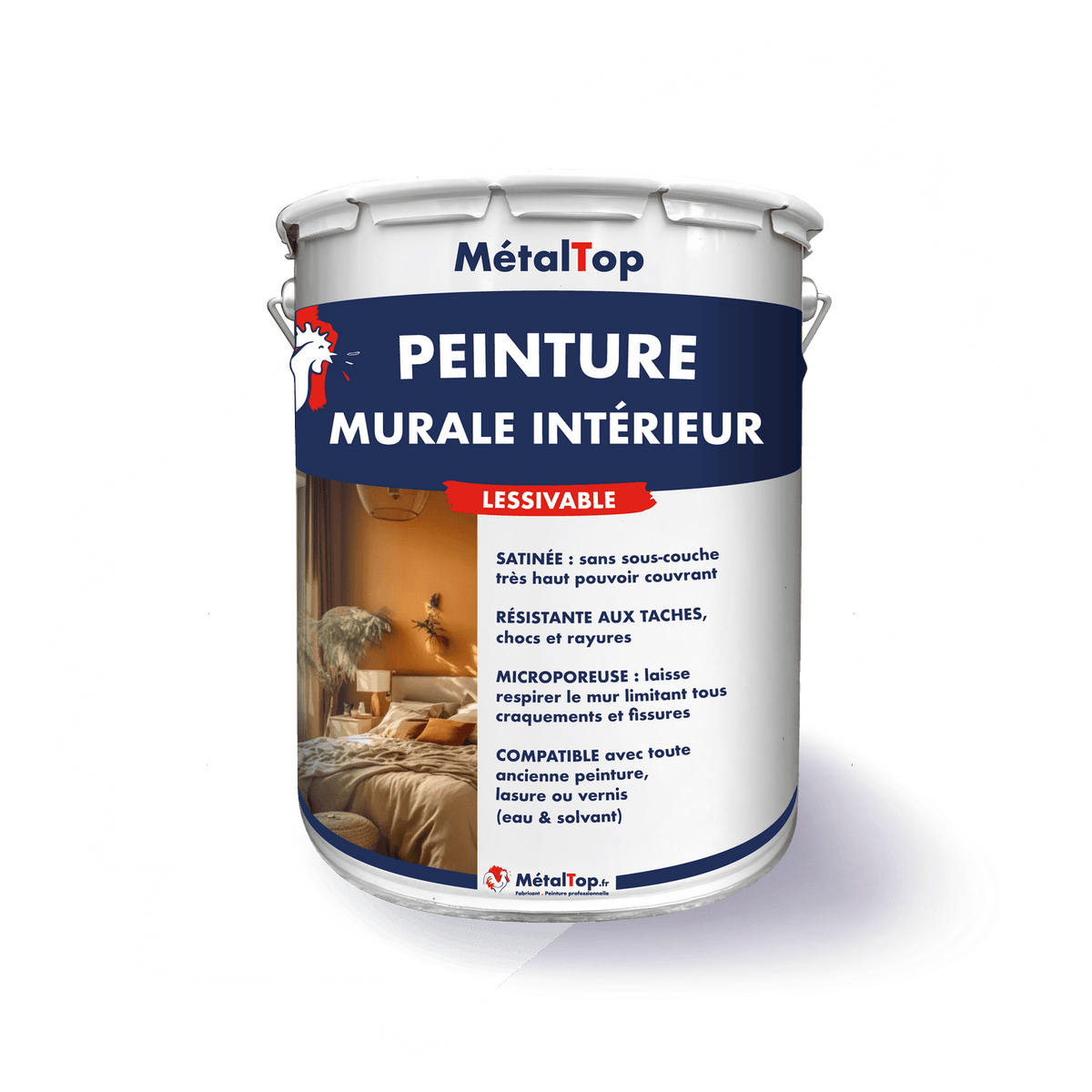 Pot de peinture murale intérieure MétalTop lessivable, bandeau bleu marine, visuel de chambre ocre