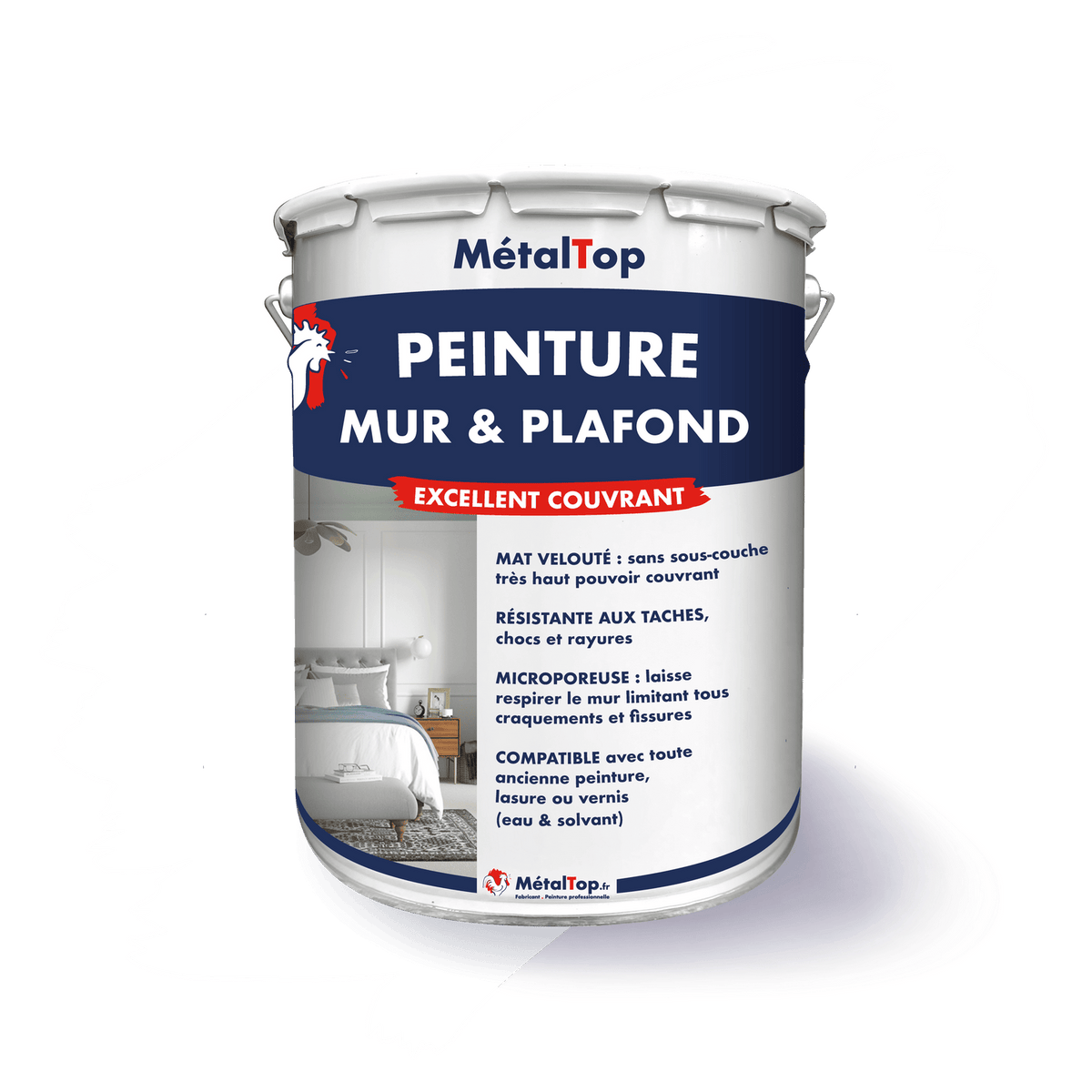 Pot de peinture mur et plafond MétalTop blanche, mat velouté et excellent couvrant