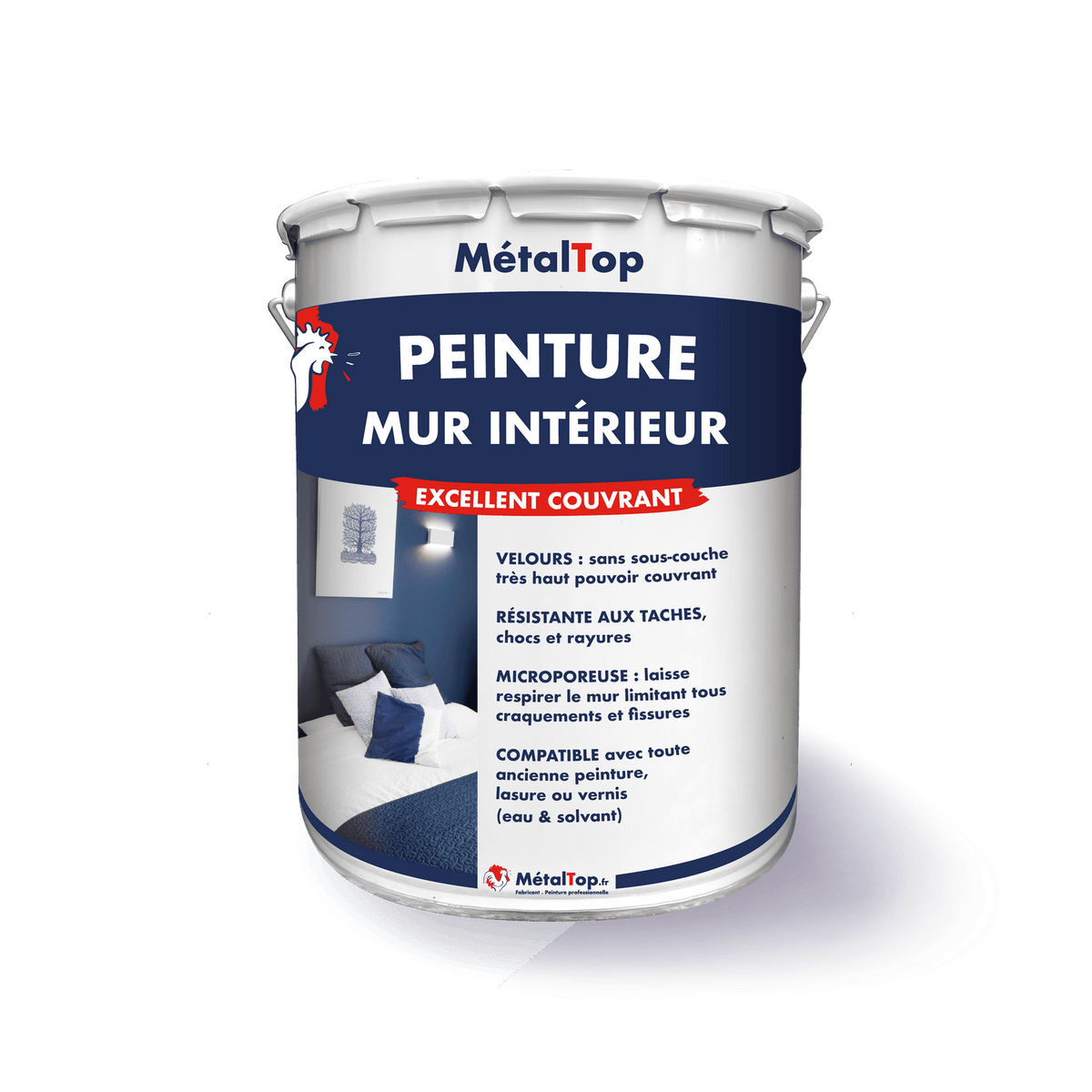 Pot de peinture mur intérieur MétalTop à étiquette bleu marine, avec visuel d'une chambre