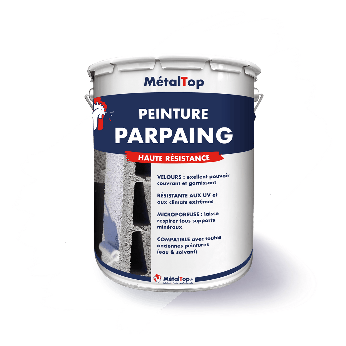 Pot de peinture MétalTop Parpaing haute résistance, blanc, illustré sur un mur en parpaing
