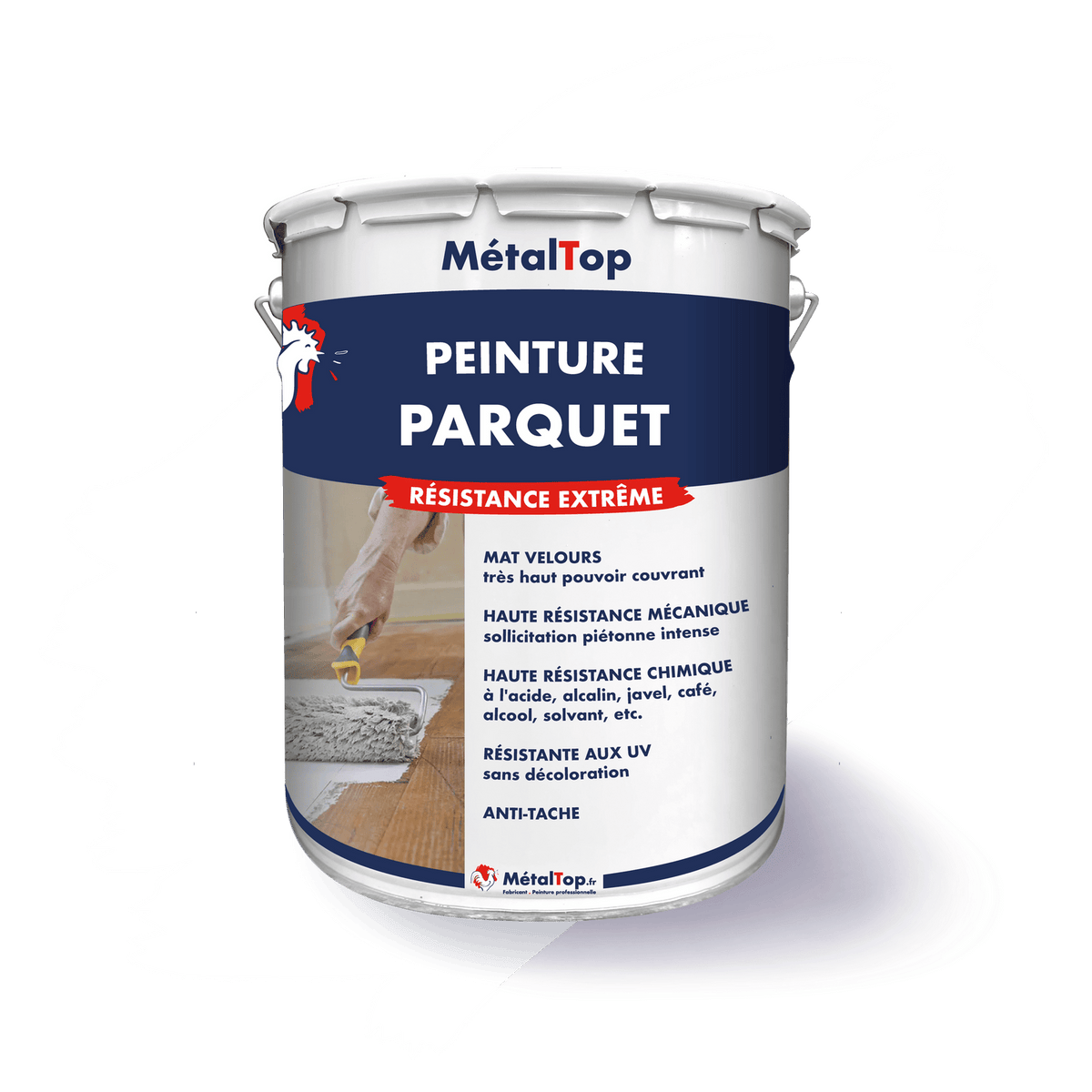 Pot de peinture parquet MétalTop résistance extrême, mat velours, pose au rouleau sur parquet