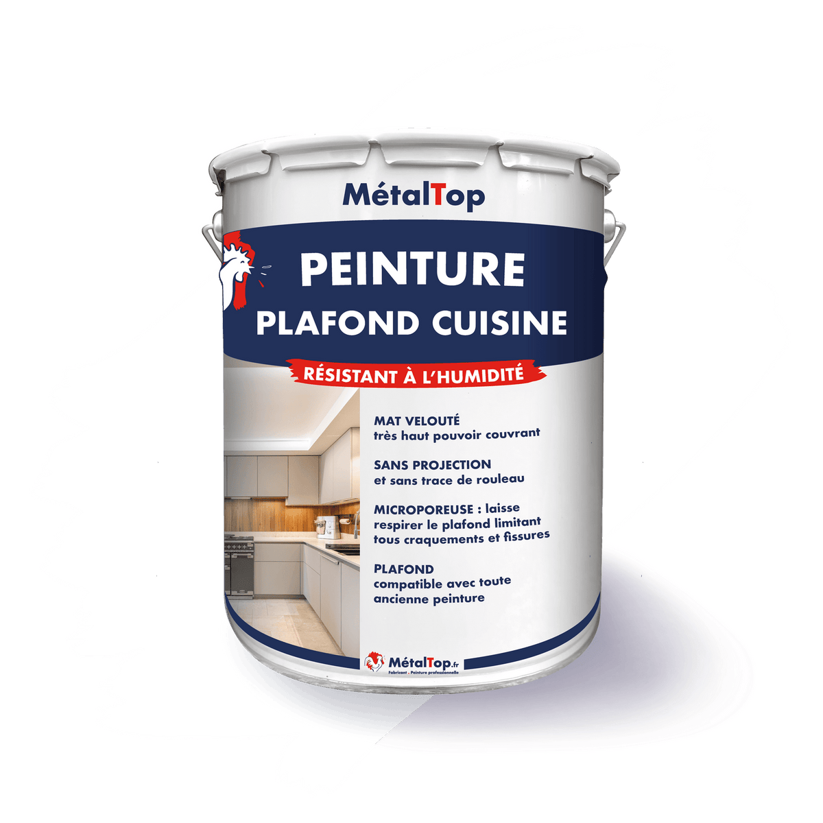 Pot de peinture plafond cuisine MétalTop, résistant à l'humidité, finition mate velours