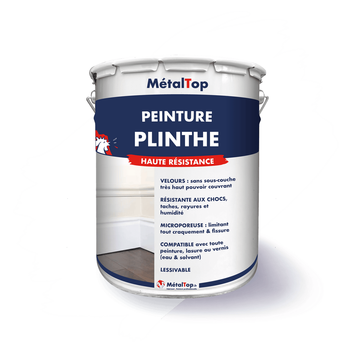 Pot de peinture MétalTop pour plinthe, haute résistance, illustré d'une plinthe blanche et parquet