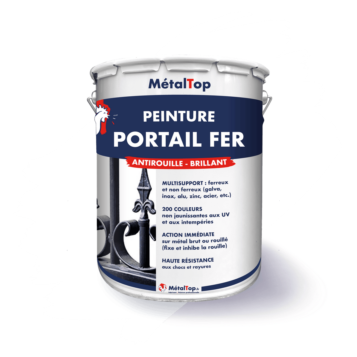 Pot de peinture MétalTop Portail Fer antirouille brillant, devant une grille en fer forgé