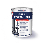 Pot de peinture MétalTop Portail Fer antirouille brillant, devant une grille en fer forgé