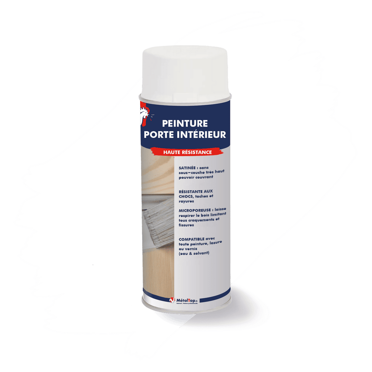 Bombe aérosol de peinture pour porte intérieur haute résistance, finition satinée, marque MétalTop