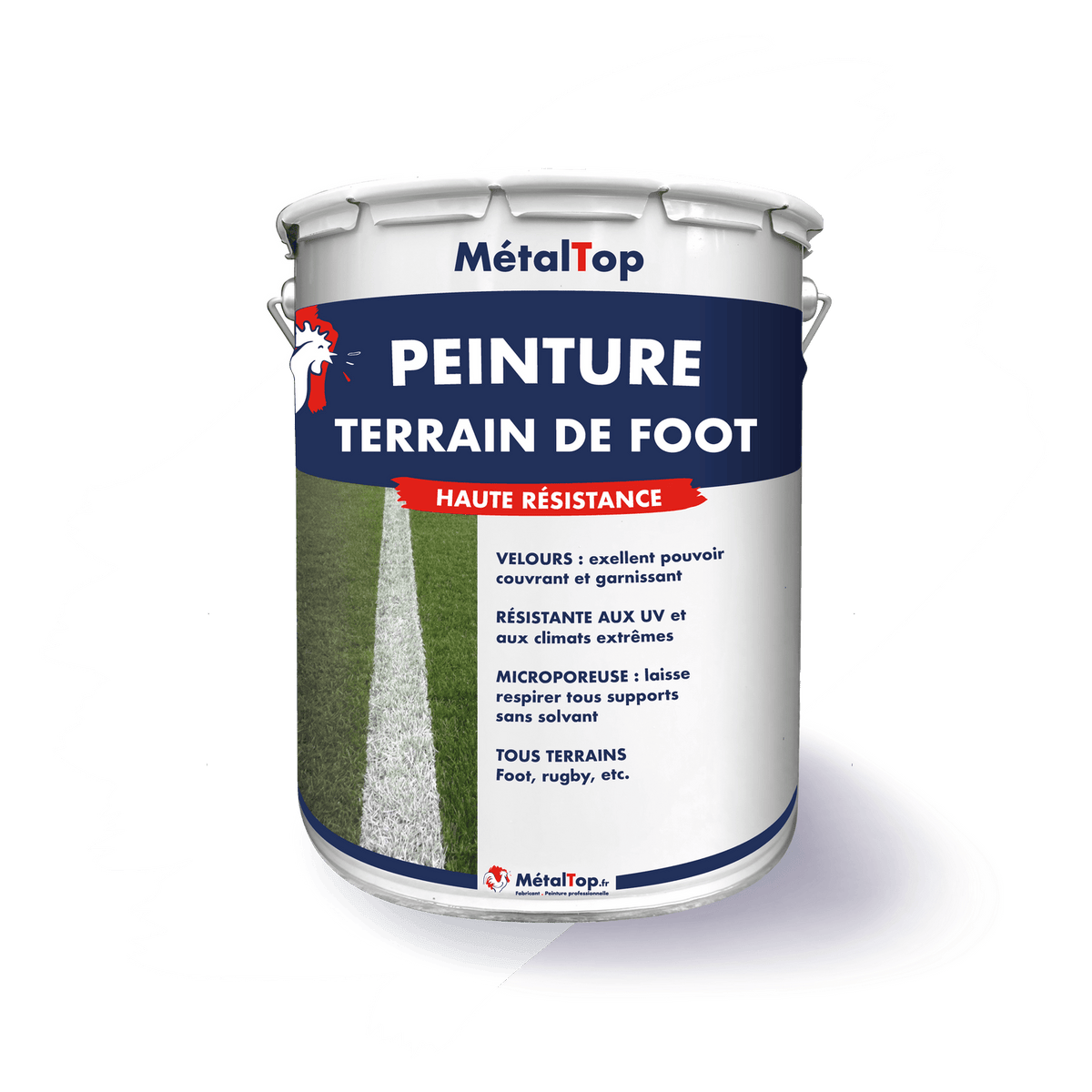 Pot de peinture MétalTop pour terrain de foot, avec ligne blanche sur gazon