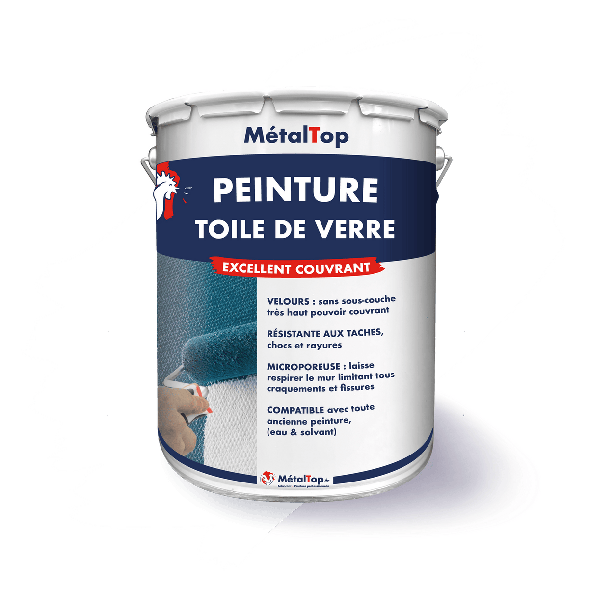 Pot de peinture MétalTop Toile de verre, excellent couvrant, illustré d'un mur peint en bleu