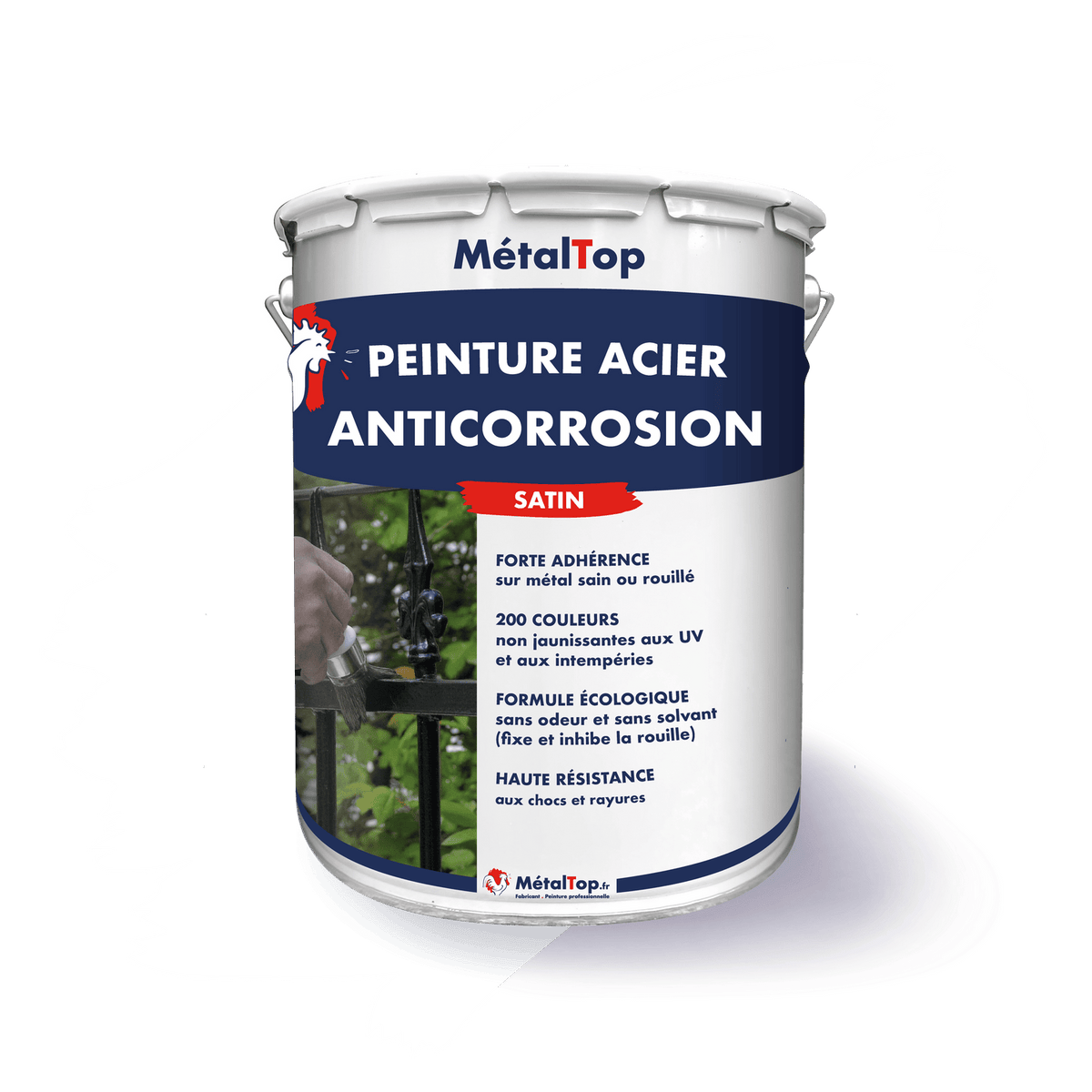Pot de peinture acier anticorrosion MétalTop satin, peinture au pinceau sur grille en fer noir