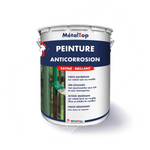 Pot de peinture anticorrosion MétalTop satiné-brillant, application au pinceau sur métal vert