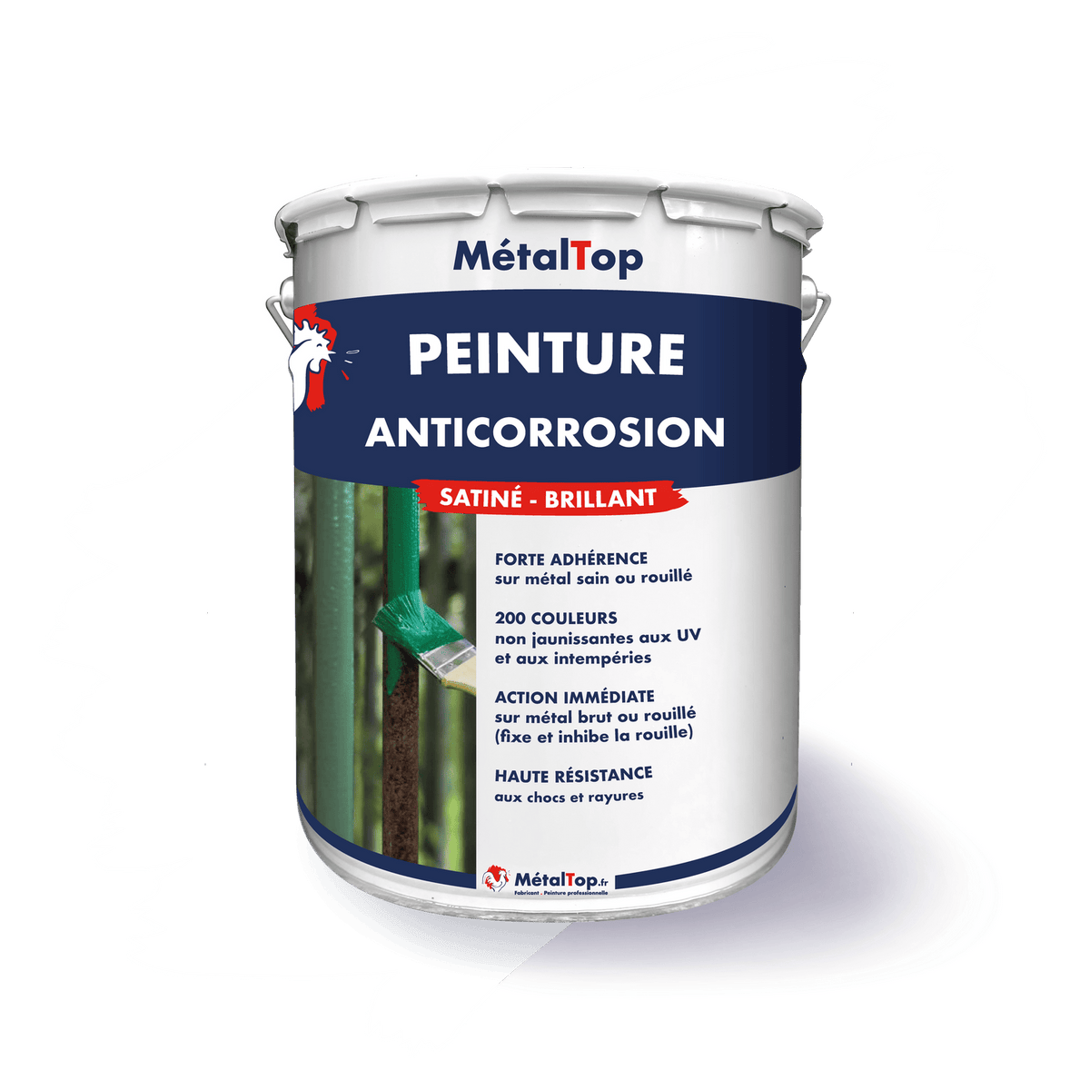 Pot de peinture anticorrosion MétalTop satiné-brillant, application au pinceau sur métal vert