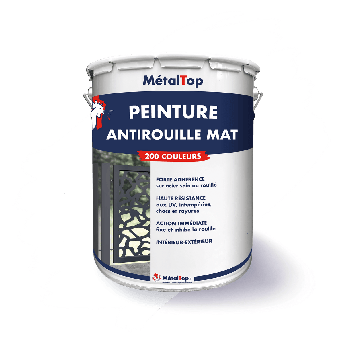 Pot de peinture antirouille mat MétalTop, 200 couleurs, avec portail en métal en arrière-plan