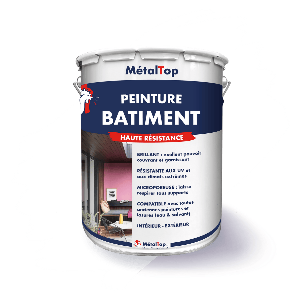 Pot de peinture bâtiment MétalTop haute résistance, finition brillante, usage intérieur et extérieur