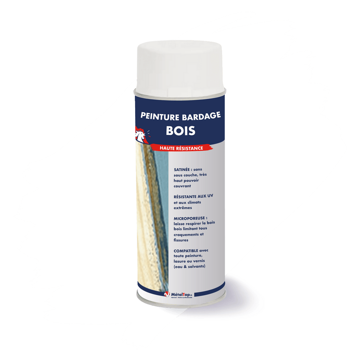 Bombe aérosol de peinture bardage bois haute résistance MétalTop, finition satinée
